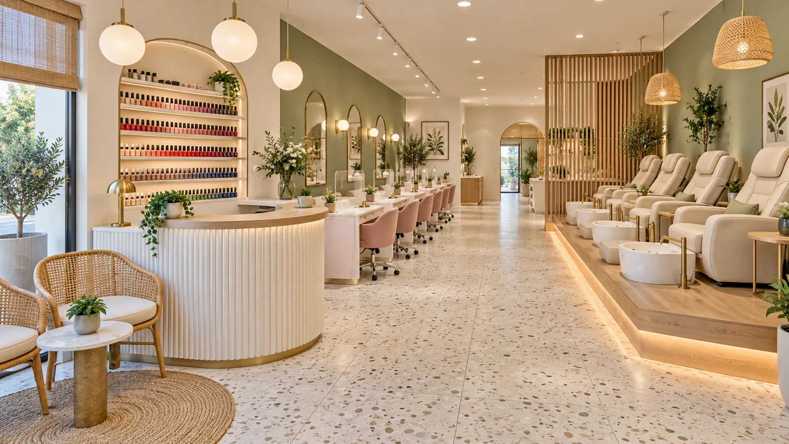 Thử bố trí lại tiệm nail trước khi sửa: ảnh phối cảnh màu sơn, ghế, đèn mới