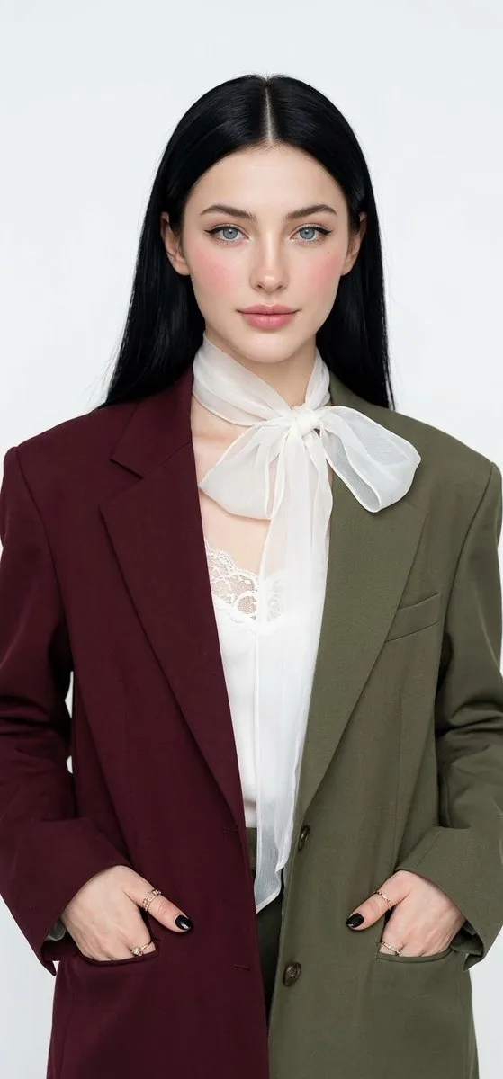 Chân dung thời trang nền trắng: blazer hai màu, nơ cổ, cho shop quần áo và bài giới thiệu sản phẩm