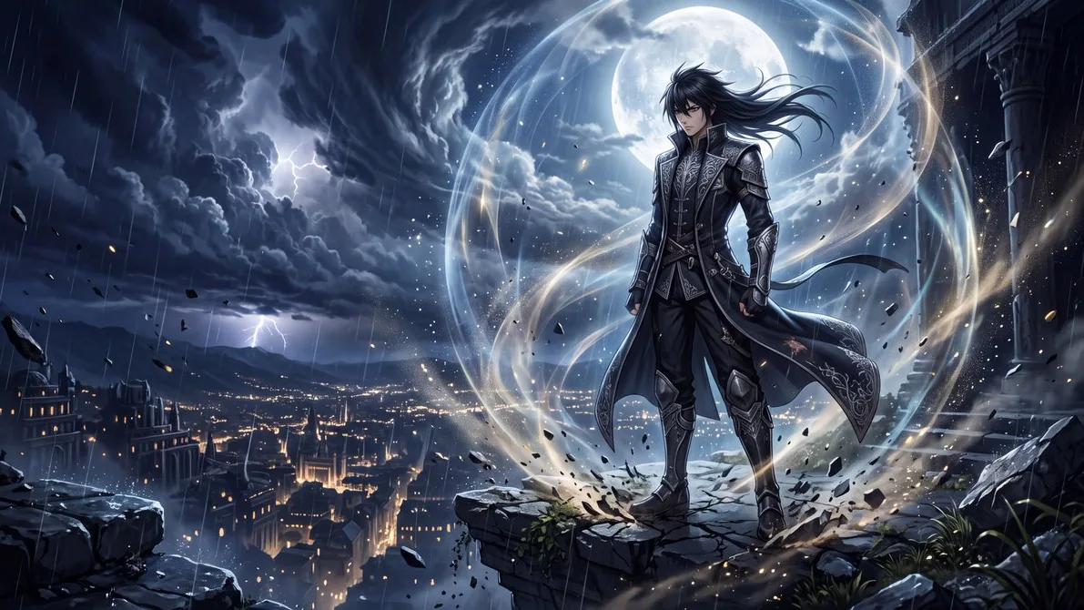 Tranh anime điện ảnh dark fantasy: chiến binh đứng trên đền đổ nát nhìn thành phố đêm