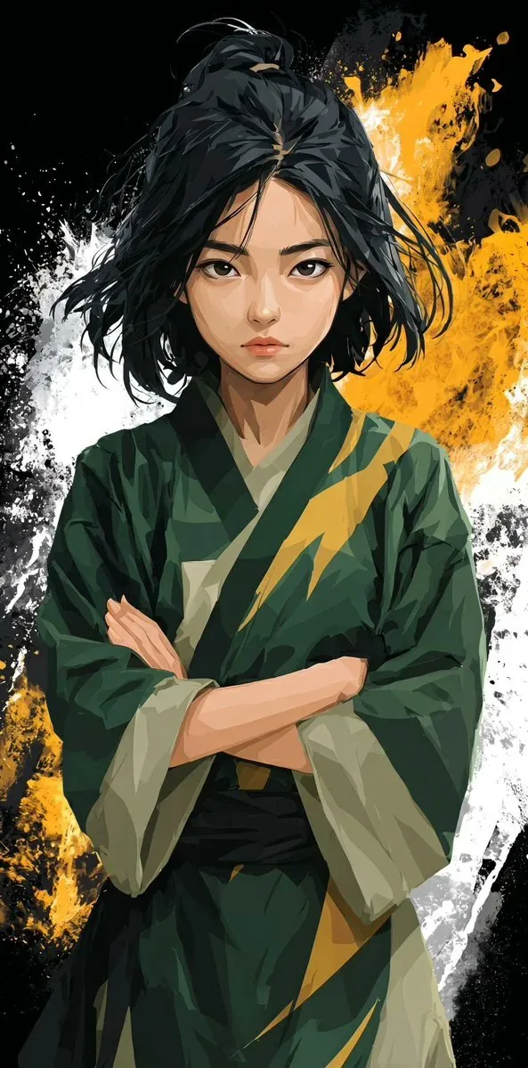 Tranh anime cô gái võ thuật khoanh tay, nền vệt mực: ý tưởng nhân vật, sticker, poster