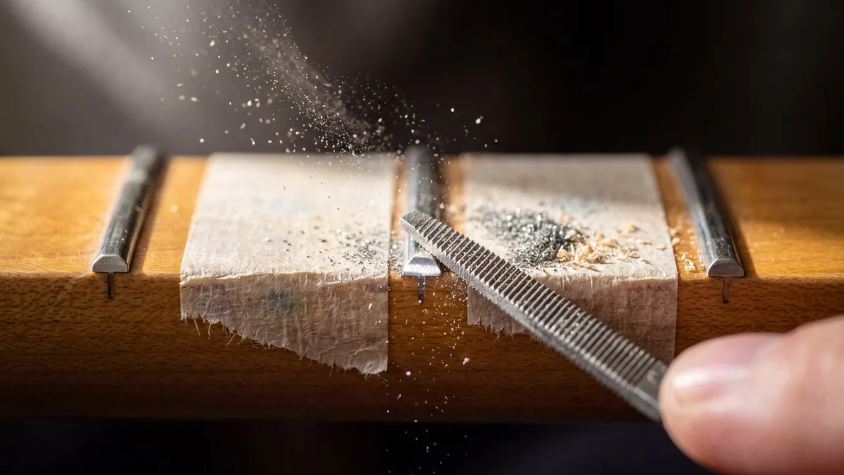 Ảnh macro phím đàn guitar đang được mài: prompt ngắn cho ảnh nghề thủ công cận cảnh