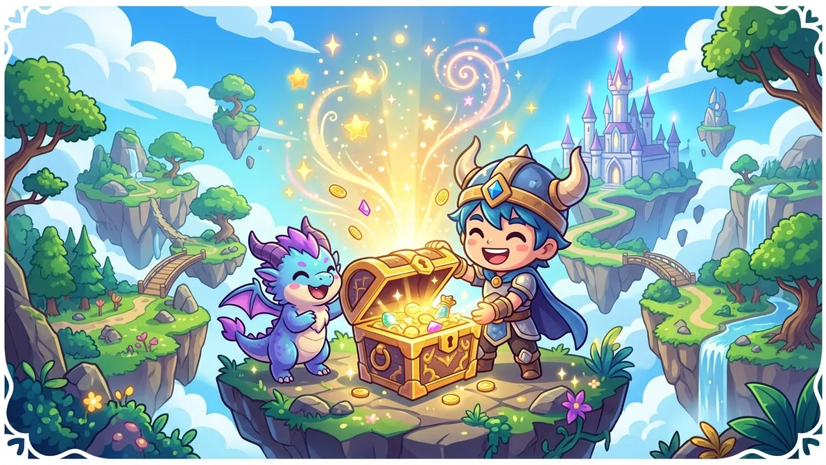 Ảnh chủ đạo sự kiện game nhập vai chibi: rương báu tỏa sáng, có tên game và khẩu hiệu