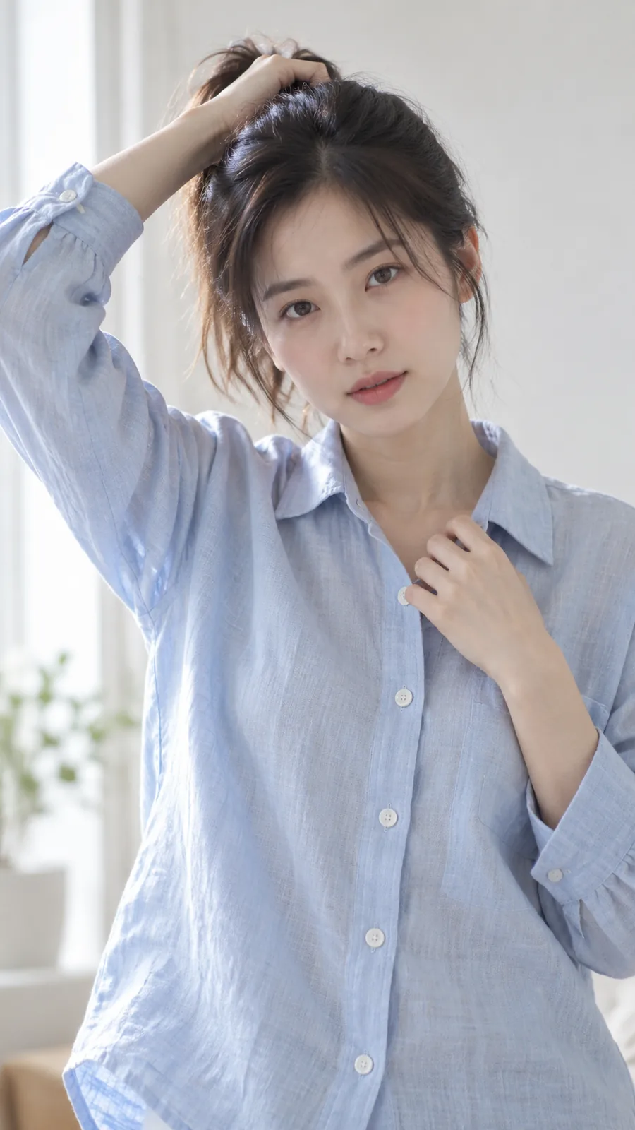 Chân dung nửa người đang buộc tóc đuôi ngựa trong phòng trắng: ảnh đời thường nhẹ nhàng