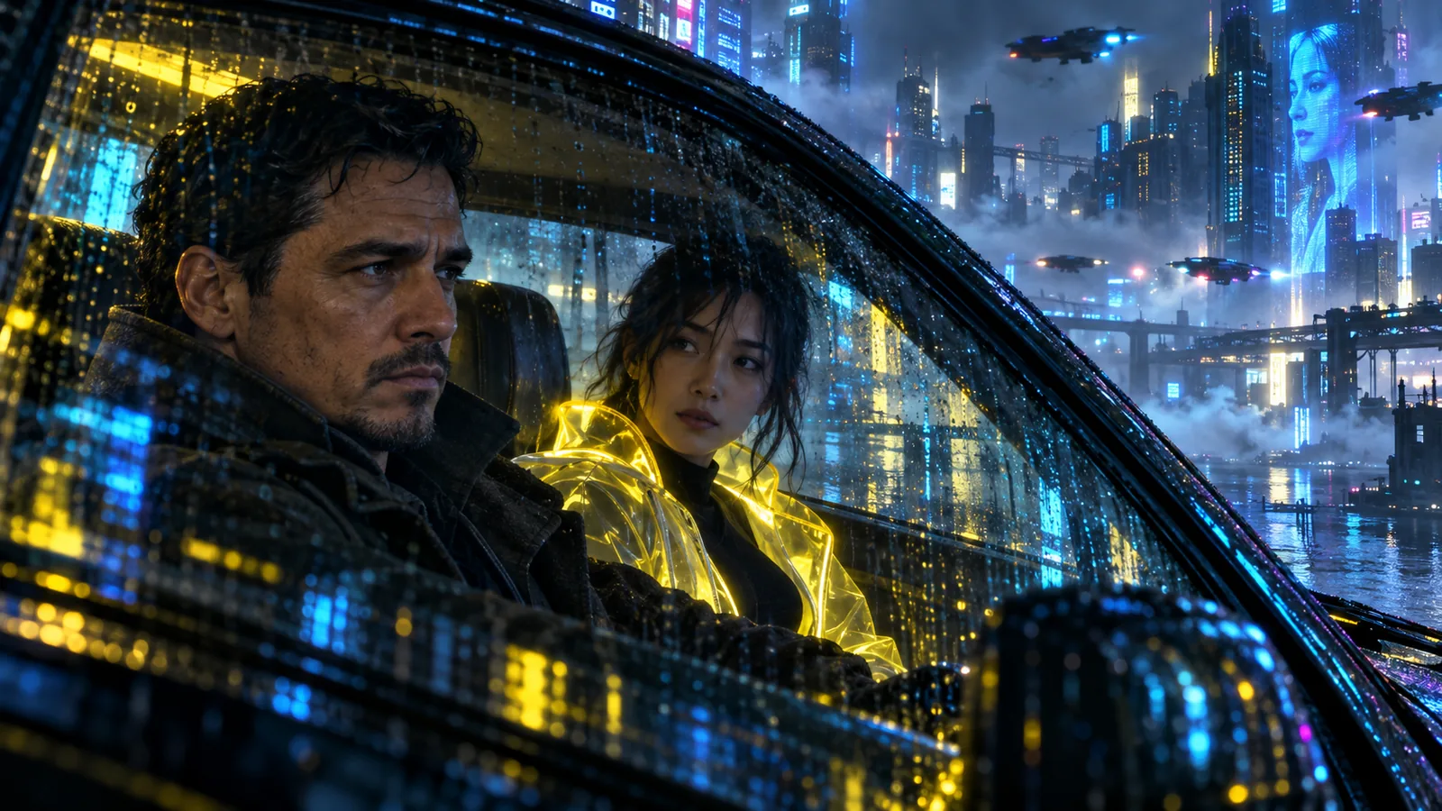 Khung hình phim thám tử cyberpunk trong xe mưa đêm: prompt JSON chia nhân vật, bối cảnh, máy quay