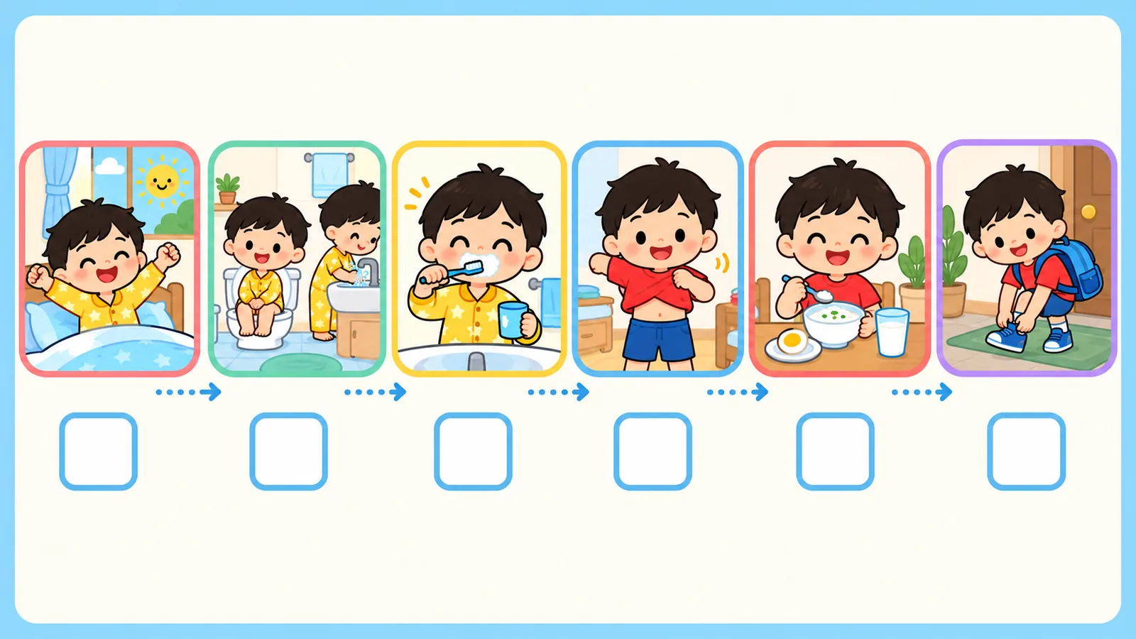 Bảng sinh hoạt buổi sáng bằng hình cho bé (visual schedule) in dán tủ lạnh