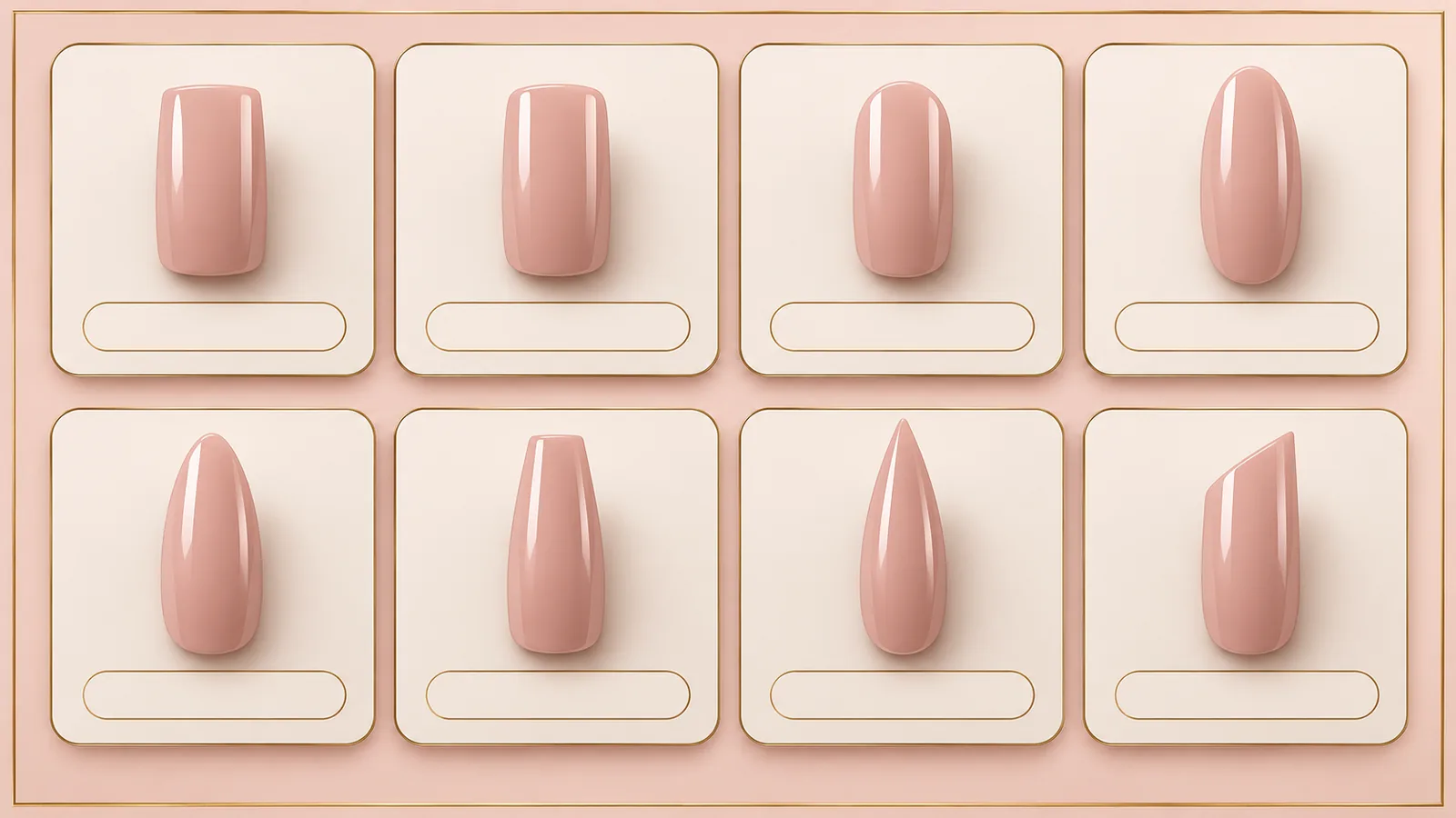 Bảng dáng móng (nail shape chart) để khách chỉ chọn tại bàn: 8 dáng cùng một màu, chừa chỗ ghi tên