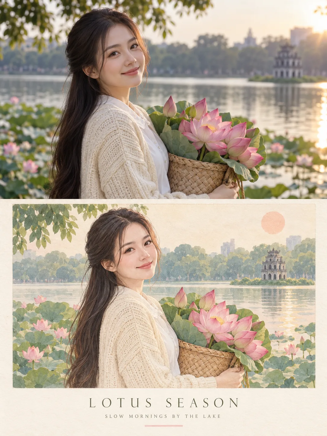 Poster nửa ảnh thật, nửa tranh vẽ tay cùng một cảnh: có tiêu đề chữ mảnh, khung giấy ngà