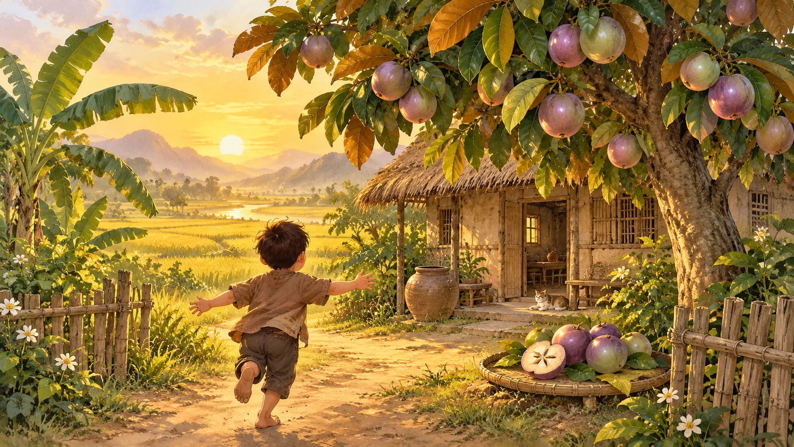 Tranh minh họa truyện "Sự tích cây vú sữa" cho con: cây trái tròn ruột trắng như sữa, cậu bé chạy về nhà, kiểu tranh sách thiếu nhi