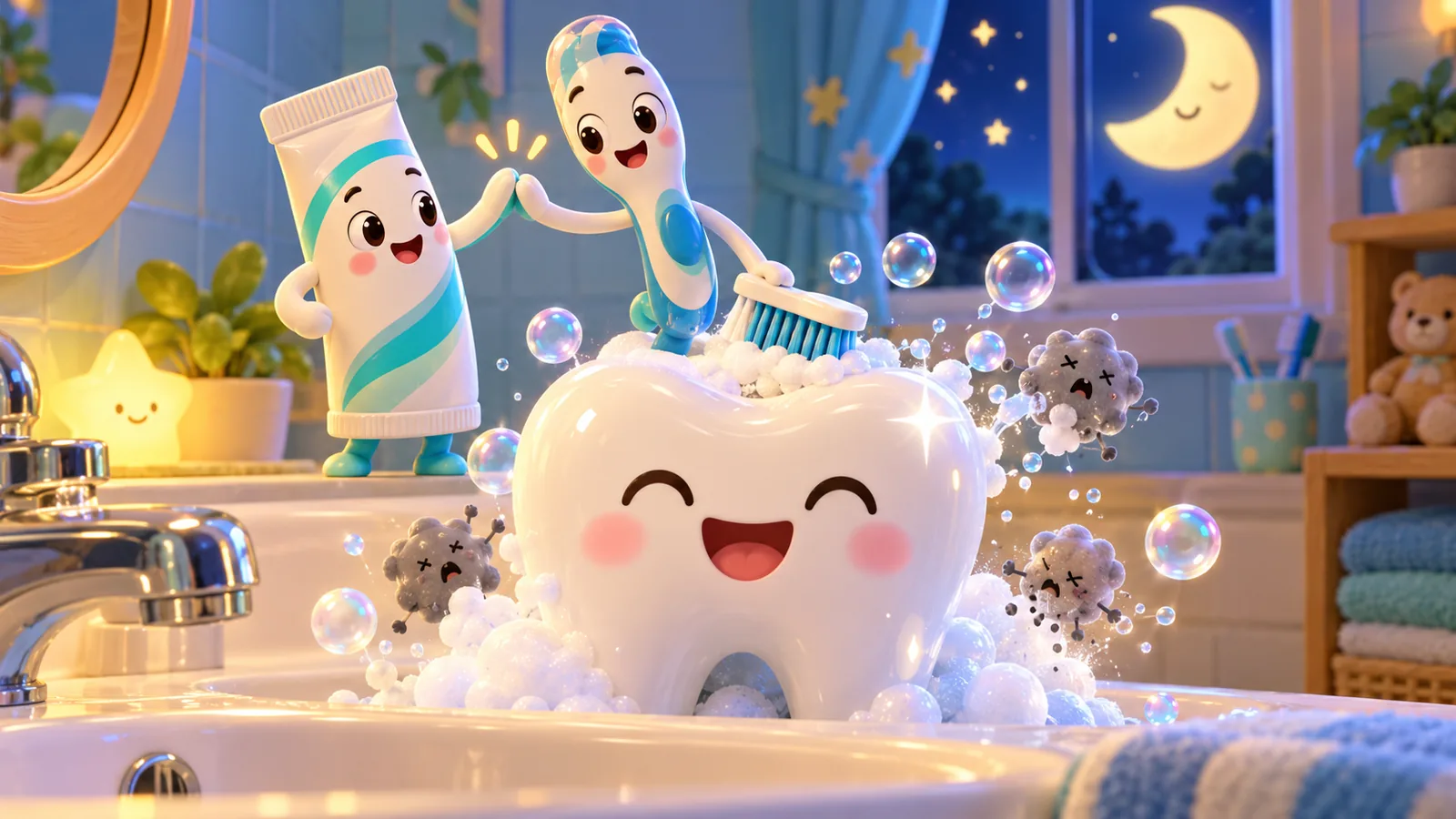 Video hoạt hình 8 giây dạy bé đánh răng: bàn chải và tuýp kem đánh răng nhảy múa, cho bé xem trước giờ ngủ