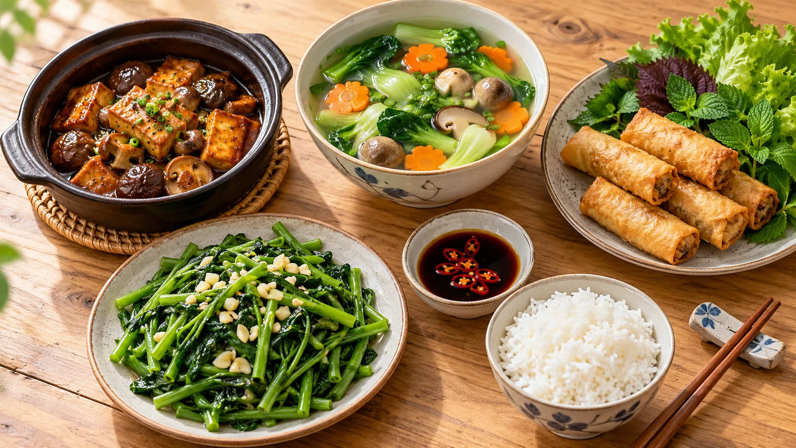 Ảnh mâm cơm chay cho thực đơn quán chay ngày rằm, Google Business: đậu hũ kho, canh nấm, chả giò chay, chụp từ trên xuống