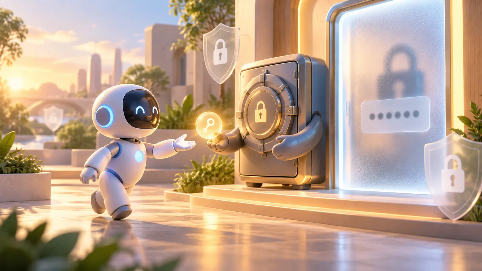 Robot AI nhận chìa khóa phát sáng từ két bảo mật, mật khẩu được giấu sau lớp kính mờ