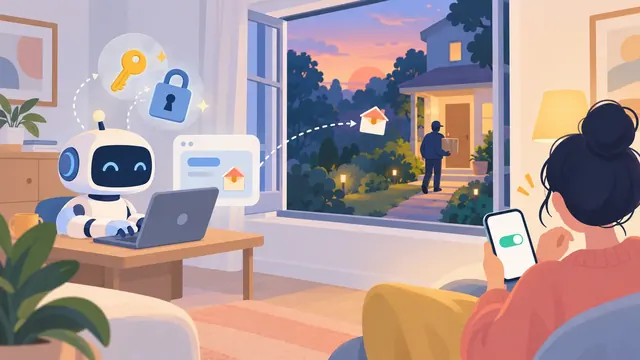 Minh họa một robot trợ lý vui vẻ gửi biểu tượng địa chỉ nhà qua cửa sổ trong khi người lạ đi tới cửa, còn chủ nhà lo lắng nhìn nút cấp quyền đang bật trên điện thoại.
