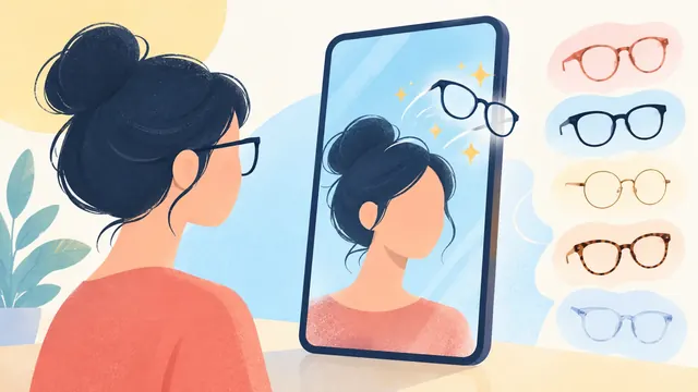 Minh họa người đeo kính nhìn vào gương điện thoại, hình phản chiếu không còn kính và nhiều gọng kính mới để thử