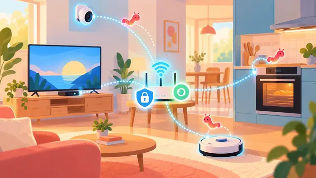 Minh họa các thiết bị thông minh trong nhà nối với nhau bằng đường chấm sáng, một chú sâu ánh sáng nhỏ nhảy giữa thiết bị và ổ khóa bảo vệ router WiFi.