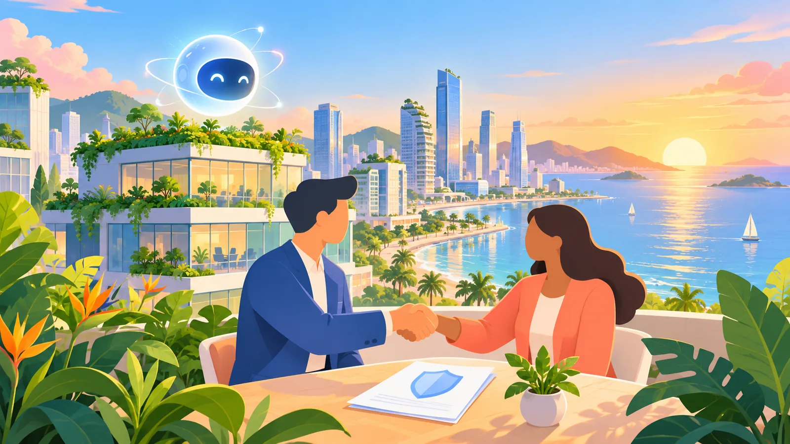 Minh họa thành phố ven biển nhiệt đới lúc bình minh, một quả cầu AI phát sáng trên tòa văn phòng và hai bàn tay bắt tay bên tài liệu có biểu tượng chiếc khiên an toàn.