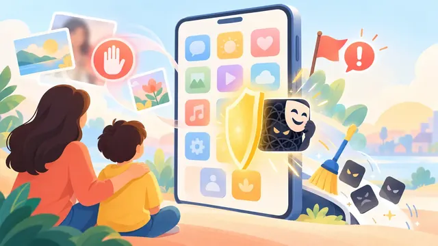 Minh họa một chiếc điện thoại lớn với lưới biểu tượng ứng dụng, một tấm khiên phát sáng chặn một ứng dụng có hình mặt nạ đang tháo ra để lộ bên trong, cạnh đó là phụ huynh và con đứng xem.