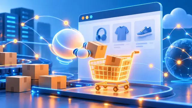 Trợ lý AI hình quả cầu phát sáng đặt hộp hàng vào giỏ mua sắm trên cửa sổ trình duyệt