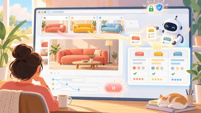 Minh họa một cửa sổ trình duyệt có nhiều tab, trợ lý AI dạng robot nhỏ ở thanh bên đang gom thông tin từ ba tab ghế sofa vào một bảng so sánh, bên cạnh có biểu tượng ổ khóa.