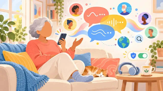 Minh họa một người lớn tuổi ngồi trên ghế sofa cầm điện thoại, từ điện thoại tỏa ra các làn sóng âm thanh nhiều màu và bong bóng thoại, tượng trưng cho việc trò chuyện bằng giọng nói với AI.