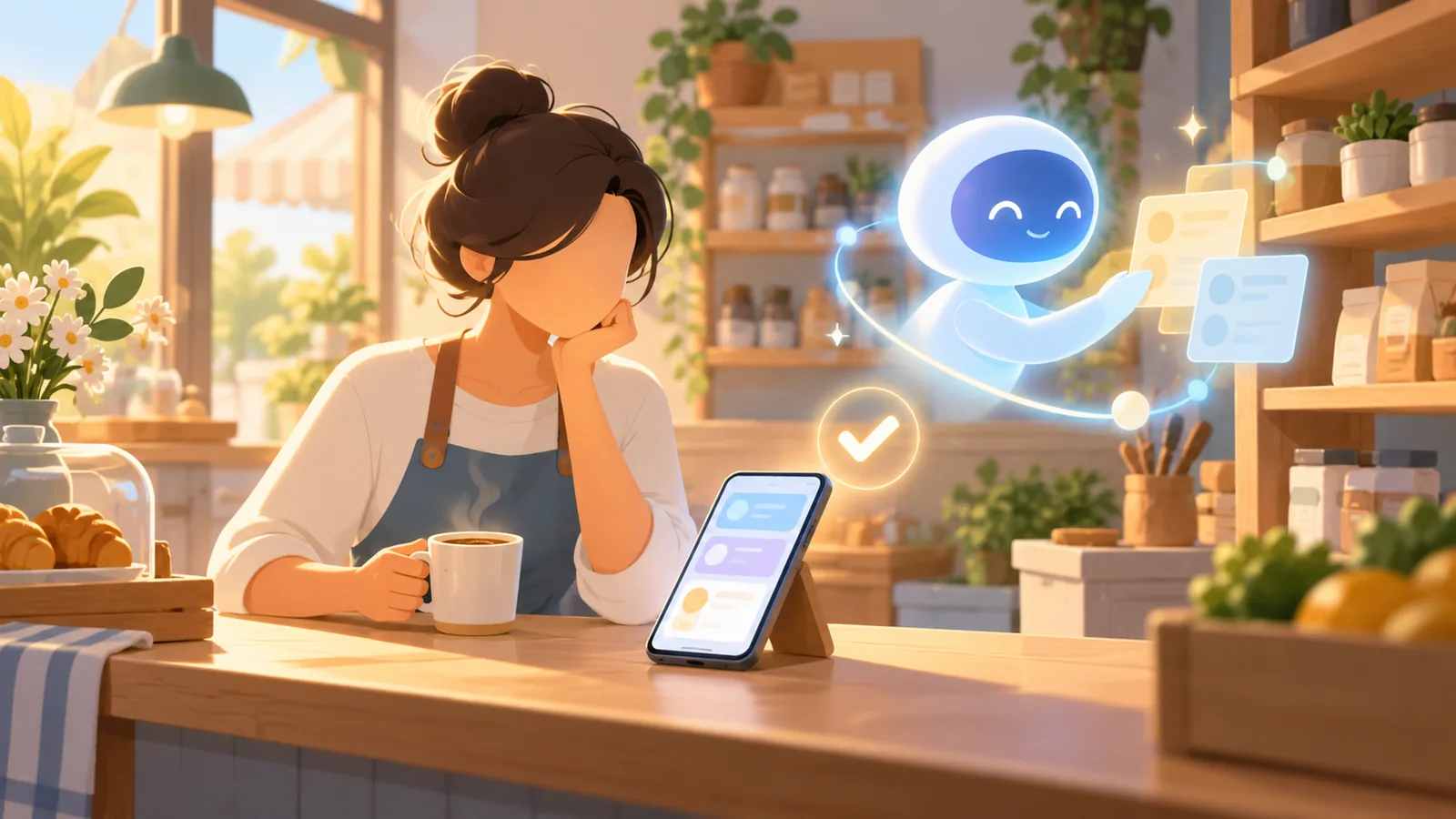Chủ cửa hàng nhỏ uống cà phê buổi sáng bên quầy, điện thoại hiện bảng trợ lý AI đang chờ duyệt việc