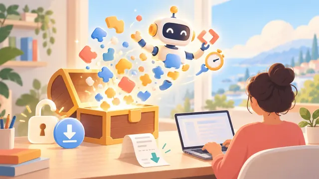 Minh họa một chiếc rương mở phát sáng, các mảnh ghép bay ra tạo thành robot trợ lý nhỏ cầm biểu tượng mã và đồng hồ, cạnh đó là ổ khóa mở và mũi tên tải xuống.