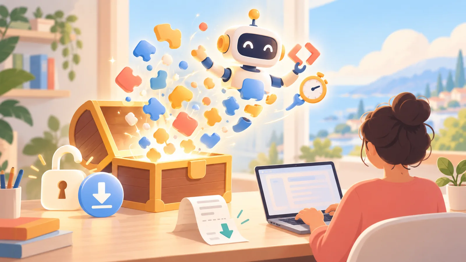Minh họa một chiếc rương mở phát sáng, các mảnh ghép bay ra tạo thành robot trợ lý nhỏ cầm biểu tượng mã và đồng hồ, cạnh đó là ổ khóa mở và mũi tên tải xuống.