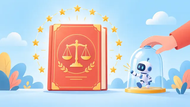 Minh họa cuốn sách luật có cán cân, vòng sao vàng, và một bàn tay người nhẹ nhàng đưa chú robot AI trở lại vào trong mái vòm kính.