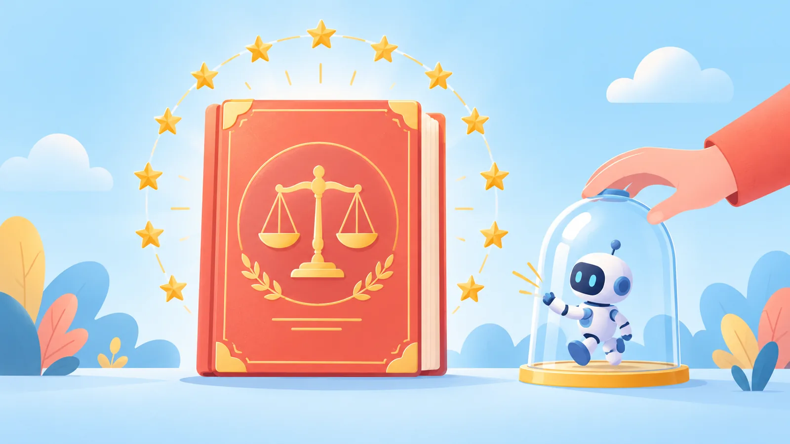 Minh họa cuốn sách luật có cán cân, vòng sao vàng, và một bàn tay người nhẹ nhàng đưa chú robot AI trở lại vào trong mái vòm kính.