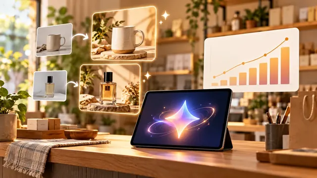 Quầy cửa hàng nhỏ với máy tính bảng có biểu tượng AI, ảnh sản phẩm được chỉnh thành ảnh thương hiệu và biểu đồ tài chính