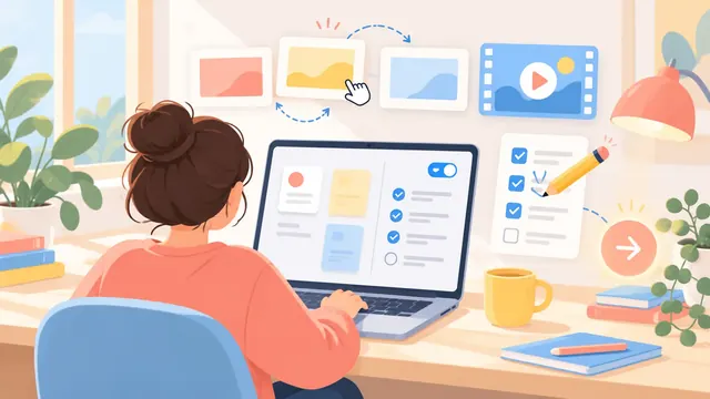 Minh họa một người ngồi trước laptop có bảng dàn ý với nút bật duyệt, phía trên là các khung slide đang được sắp xếp lại và một khung video, thể hiện việc duyệt dàn ý trước khi tạo slide và video.