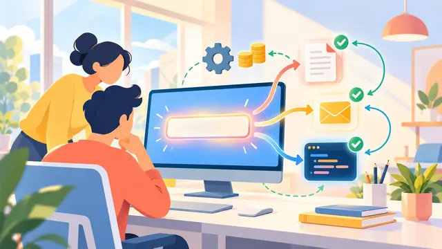 Minh họa bàn làm việc văn phòng với ô nhập yêu cầu phát sáng trên màn hình, các mũi tên tới tài liệu, phong thư và cửa sổ lập trình, mỗi cái trở về với dấu tích xanh.