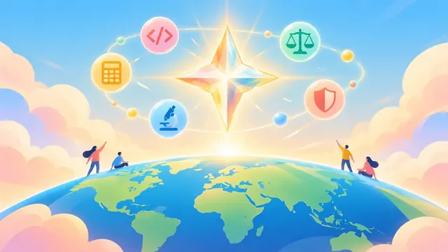 Minh họa ngôi sao bốn cánh bằng kính phát sáng vươn lên trên bản đồ thế giới, xung quanh là biểu tượng lập trình, máy tính, cán cân, kính hiển vi và chiếc khiên.