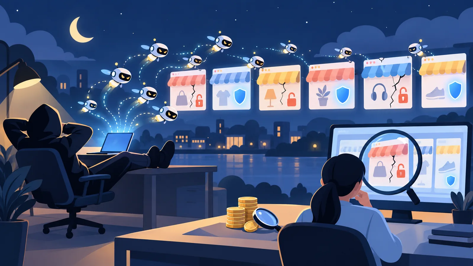 Minh họa một bóng người trùm mũ ngồi thư giãn trong khi đàn robot nhỏ bay ra từ laptop tấn công dãy cửa hàng trực tuyến, vài ổ khóa bị mở, bên cạnh là chồng xu nhỏ và một nhà nghiên cứu quan sát qua kính lúp.