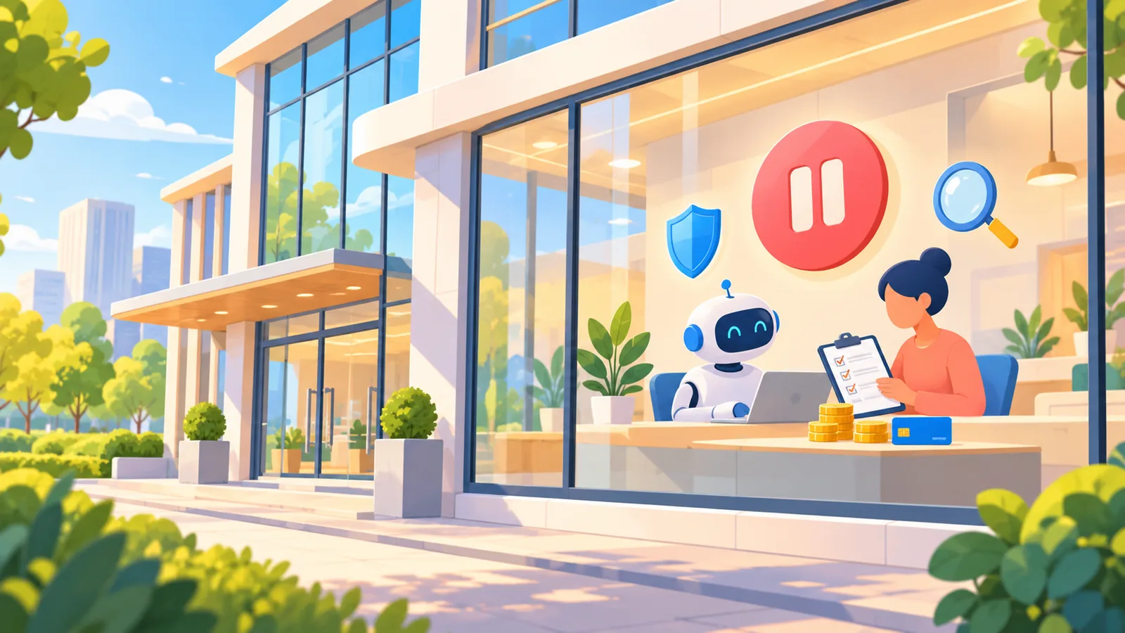 Minh họa một tòa ngân hàng sáng sủa, bên trong có trợ lý AI dạng robot nhỏ làm việc bên cạnh một người đang cầm bảng kiểm tra và một nút dừng màu đỏ.