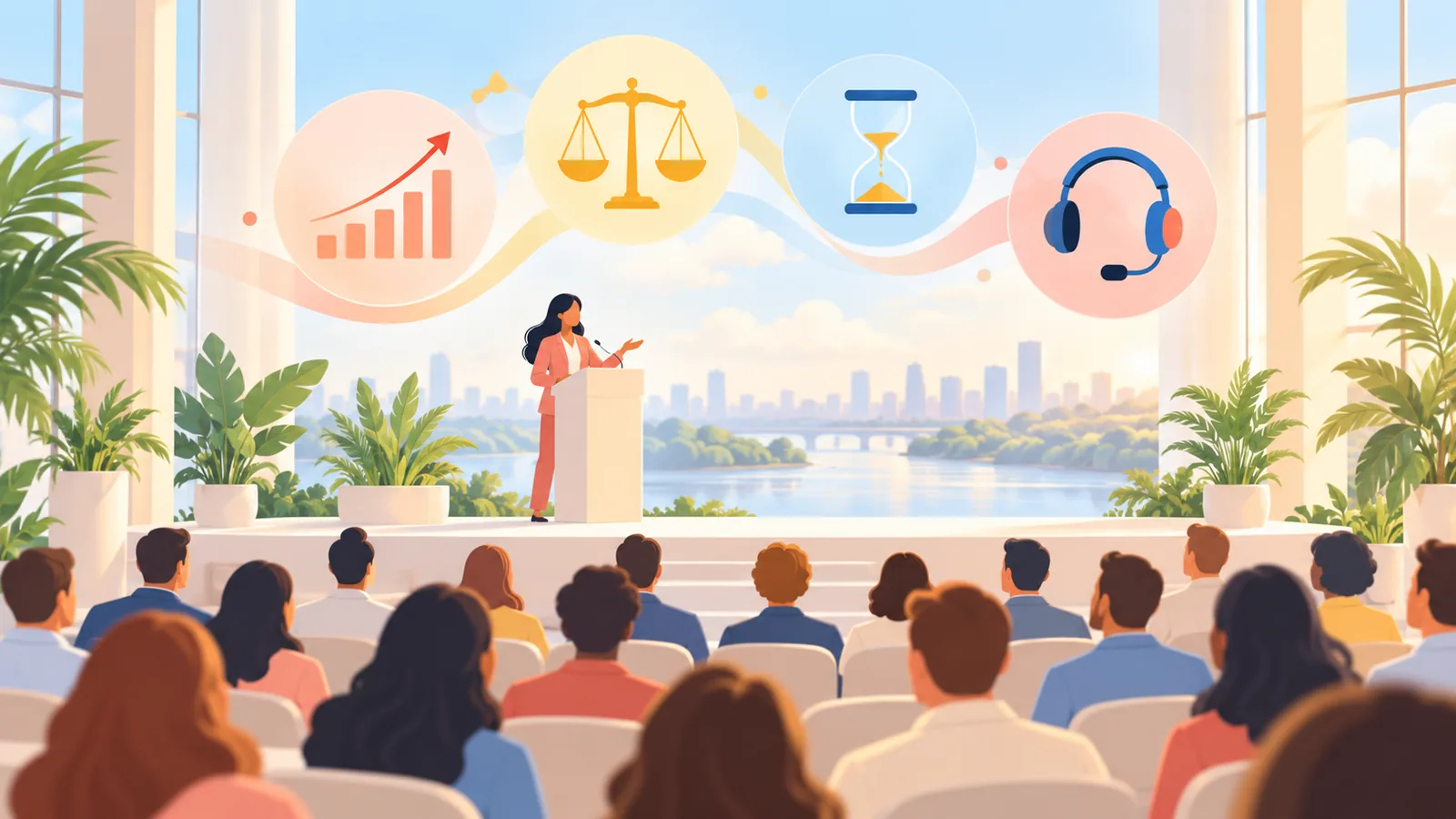 Minh họa hội trường hội nghị có cây nhiệt đới, một hình người cách điệu không rõ mặt đứng trên bục (hình minh họa chung, không phải chân dung người thật), phía trên khán giả là biểu đồ đi lên, cái cân, đồng hồ cát sắp cạn và biểu tượng tai nghe chăm sóc khách hàng.