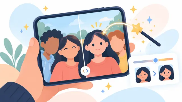 Minh họa điện thoại chỉnh ảnh nhóm bạn, đũa phép AI biến đôi mắt đang nhắm của một người thành mắt mở, có thanh trượt so sánh trước và sau.