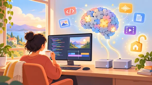 Minh họa hai máy tính để bàn hình hộp vuông đặt cạnh nhau trên bàn làm việc ở nhà, nối với nhau bằng dây cáp phát sáng, phía trên là một bộ não AI lớn ghép từ nhiều mảnh nhỏ, một mảnh đang sáng lên.