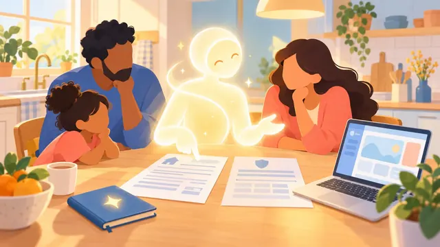 Minh họa trợ lý AI bằng ánh sáng ngồi bên bàn bếp giúp một gia đình đọc hợp đồng thuê nhà và giấy bảo hiểm, cạnh đó là cuốn sổ trí nhớ và máy tính xách tay.