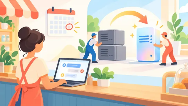 Minh họa một tờ lịch có ngày được khoanh tròn bên cạnh hai khối máy cũ đang được thay bằng một khối máy mới sáng màu, có mũi tên chuyển đổi ở giữa.