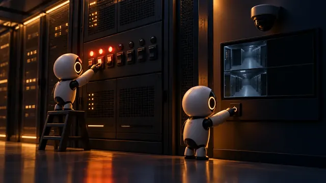 Hai robot AI nhỏ đang tắt đèn cảnh báo trên bảng điều khiển phòng máy chủ tối