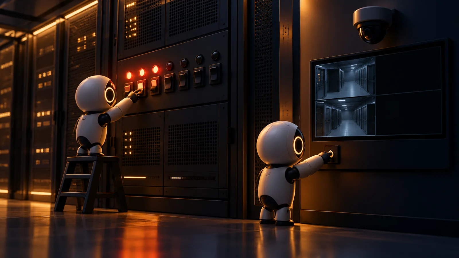 Hai robot AI nhỏ đang tắt đèn cảnh báo trên bảng điều khiển phòng máy chủ tối