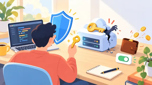 Minh họa chiếc chìa khóa vàng trên hộp máy chủ hình đám mây bị nứt, một bàn tay bóng tối với tới, người dùng giơ tấm khiên và chìa khóa mới, đồng xu bay khỏi ví.