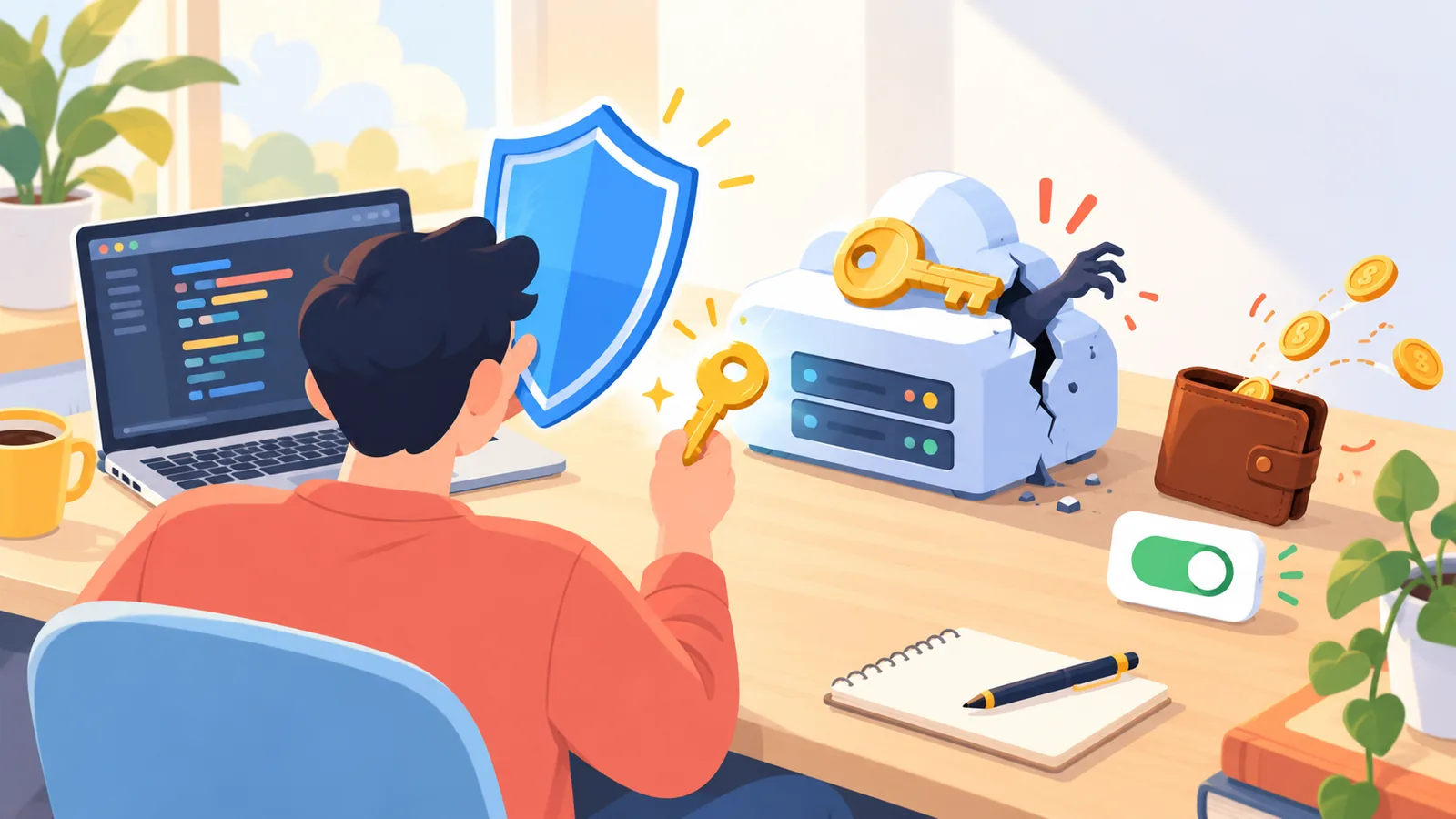 Minh họa chiếc chìa khóa vàng trên hộp máy chủ hình đám mây bị nứt, một bàn tay bóng tối với tới, người dùng giơ tấm khiên và chìa khóa mới, đồng xu bay khỏi ví.