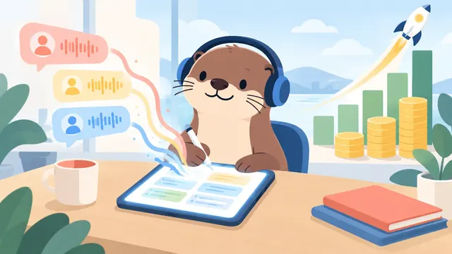 Minh họa chú rái cá đeo tai nghe ghi chép cuộc họp trên máy tính bảng, phía sau là chồng đồng xu và tên lửa nhỏ tượng trưng khoản vốn lớn để mở rộng.