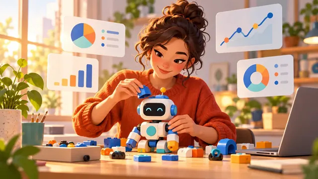 Chủ doanh nghiệp nhỏ lắp các khối màu thành robot trợ lý, xung quanh là các thẻ biểu đồ