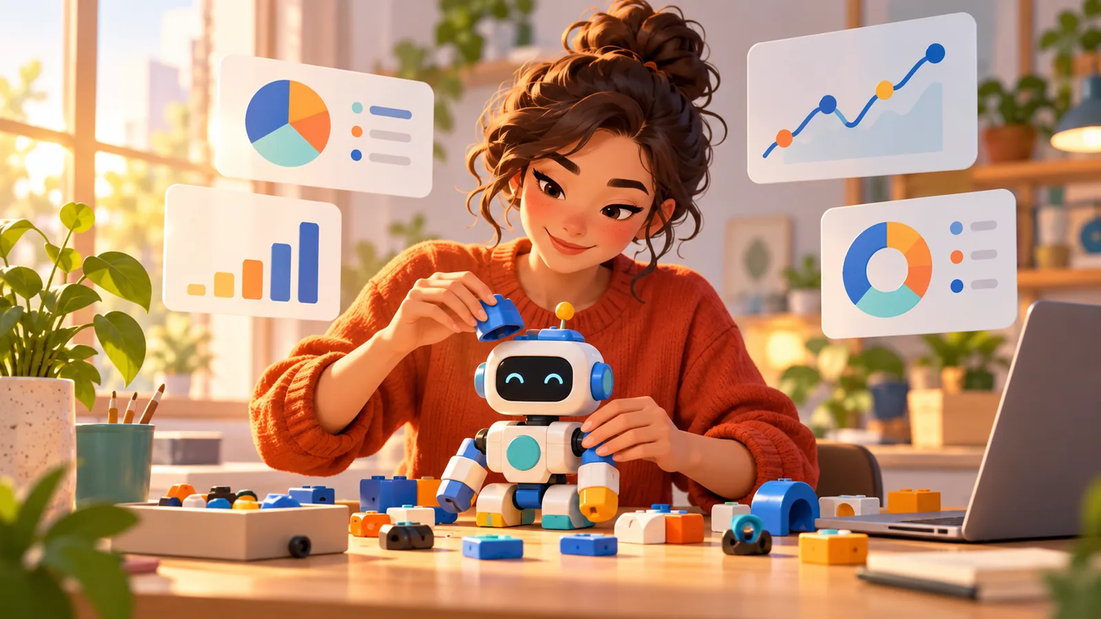 Chủ doanh nghiệp nhỏ lắp các khối màu thành robot trợ lý, xung quanh là các thẻ biểu đồ