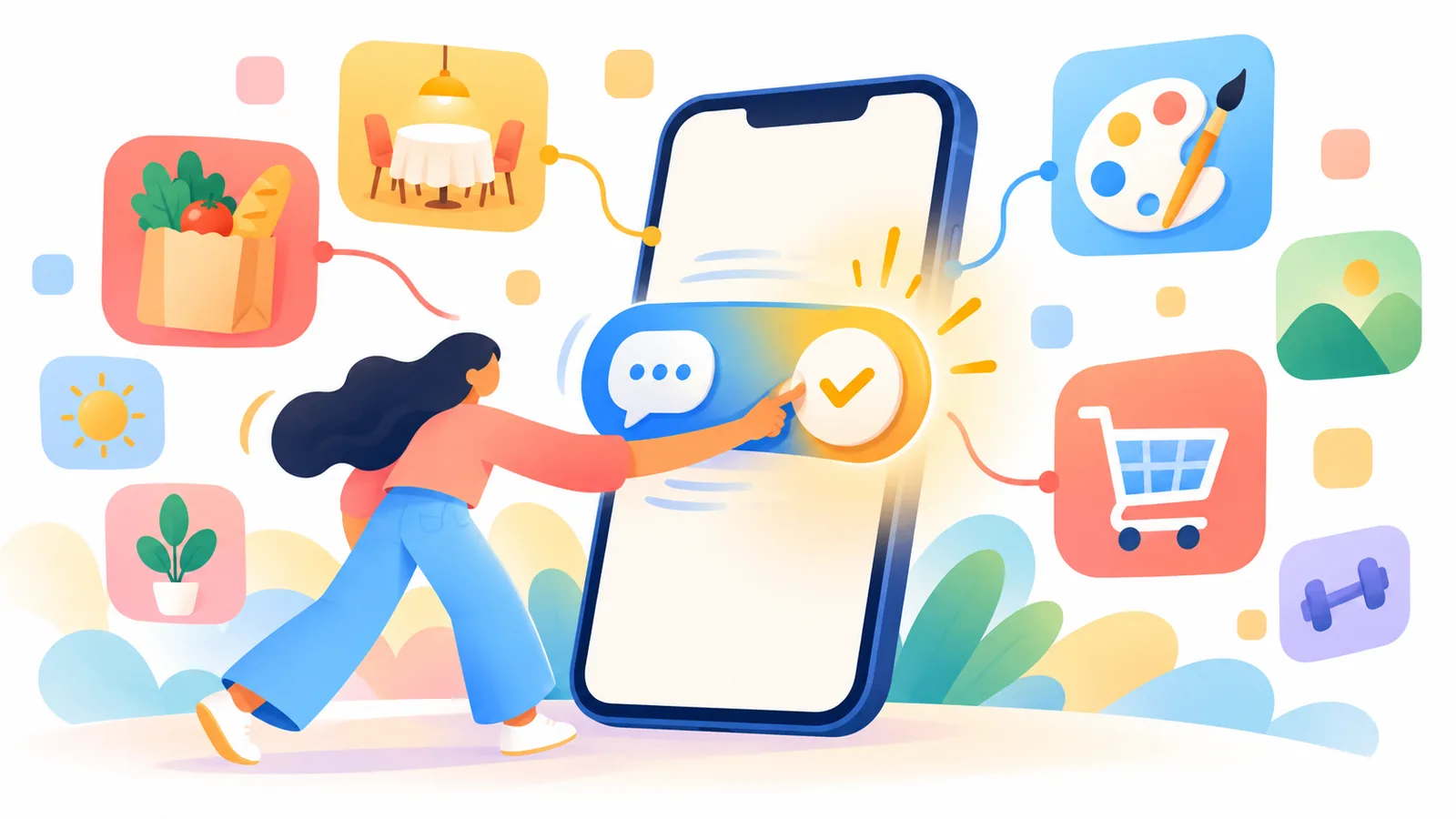 Minh họa điện thoại có nút gạt chuyển từ bong bóng trò chuyện sang danh sách việc, nối với các ô ứng dụng như túi đi chợ, bàn ăn, bảng màu và giỏ hàng.