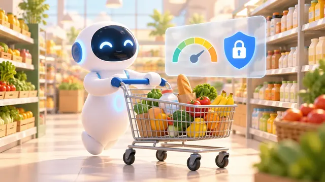 AI agent đẩy xe mua sắm trong siêu thị, bên cạnh là thẻ hạn mức chi tiêu và khiên bảo mật